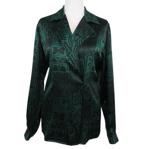 DONCASTER Silk Green Black Printed Asymmetric Button Blouse Women’s Size 10